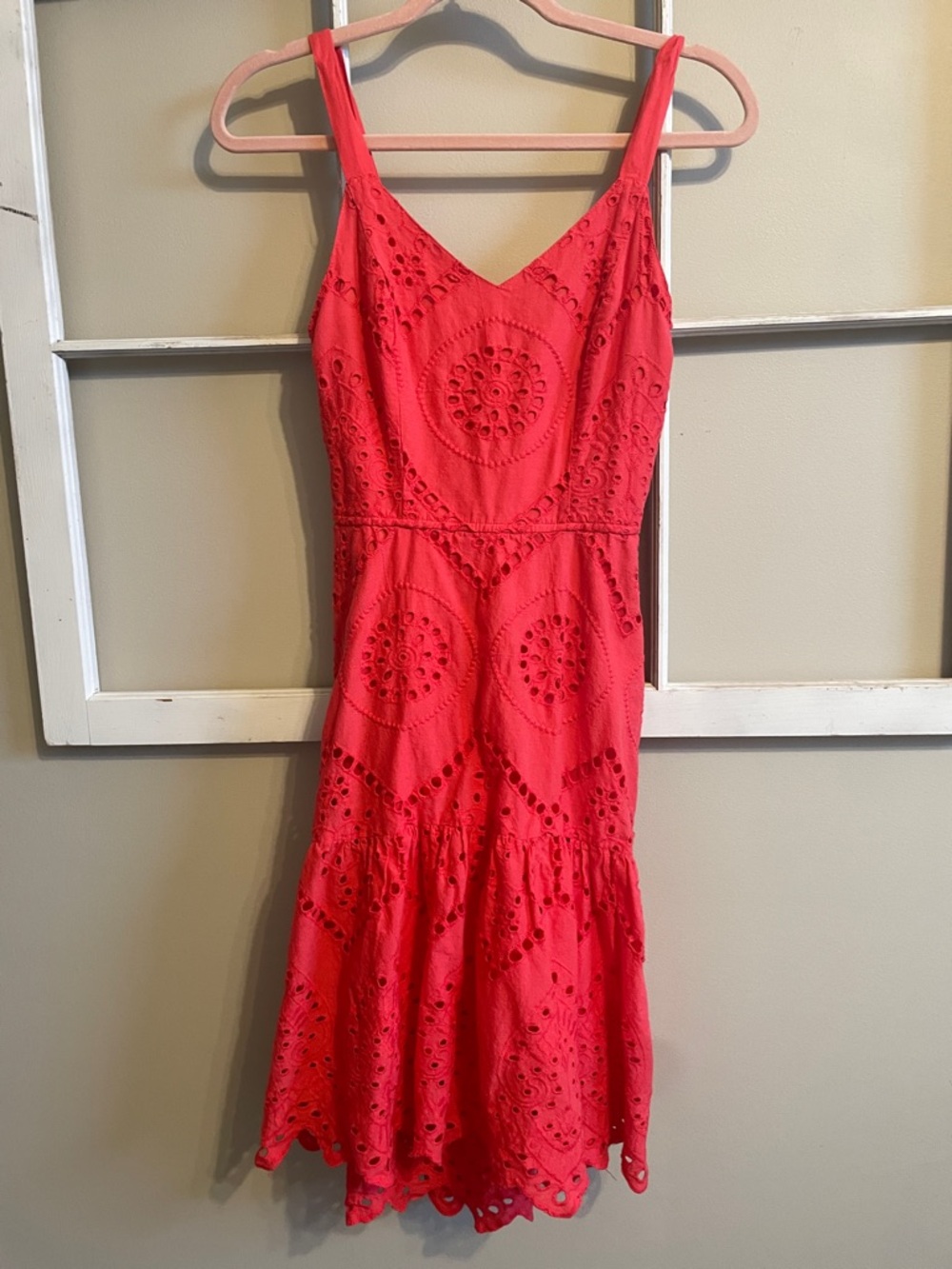 Japna Coral-Red Eyelet Midi Dress